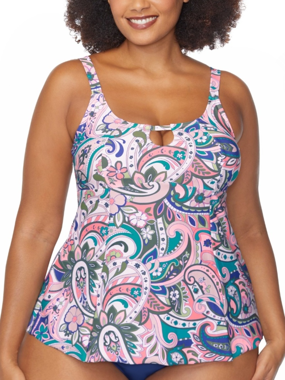 Raisins Curve Trendy Plus Size Shoreline Keyhole Tankini Top - Multi